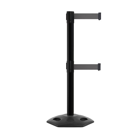 Stanchion Dual Belt Barr. Rubber Base Black Post 7.5ftDk Gry Belt